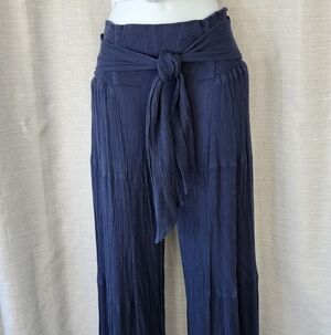 Rewash Women's Tiered Navy Blue Rayon Front Tie Wide-Leg Pants